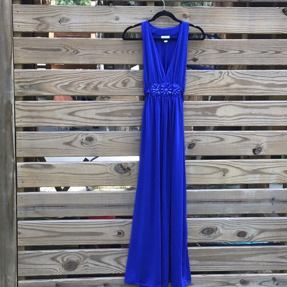 NEW YORK & COMPANY STRETCH BLUE MAXI DRESS WITH BEADED BELT FRONT